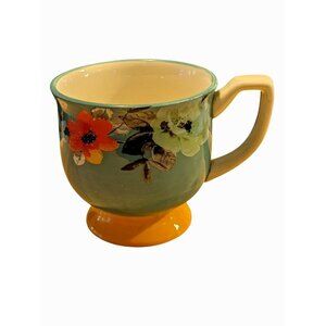 Pioneer Woman Mug Floral Footed Stoneware Coffee Tea Cup Turquoise Yellow 15 oz